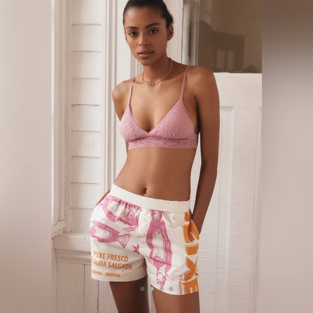 FARM Rio Pink Lace Bralette and White Graphic Shorts